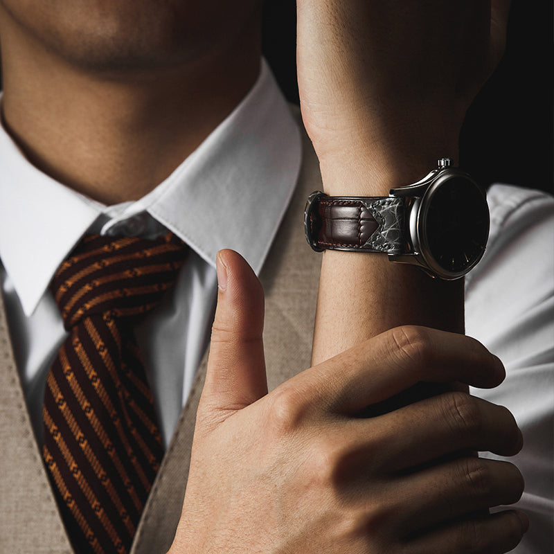 棕色配灰色领结鳄鱼皮表带